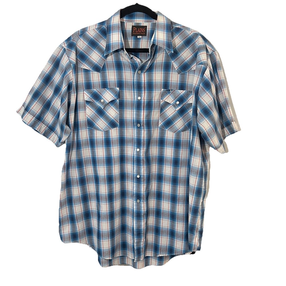 Plains Western Wear Shirt Mens‎ XL Blue Plaid Pearl Snap Short Sleeve Cowboy